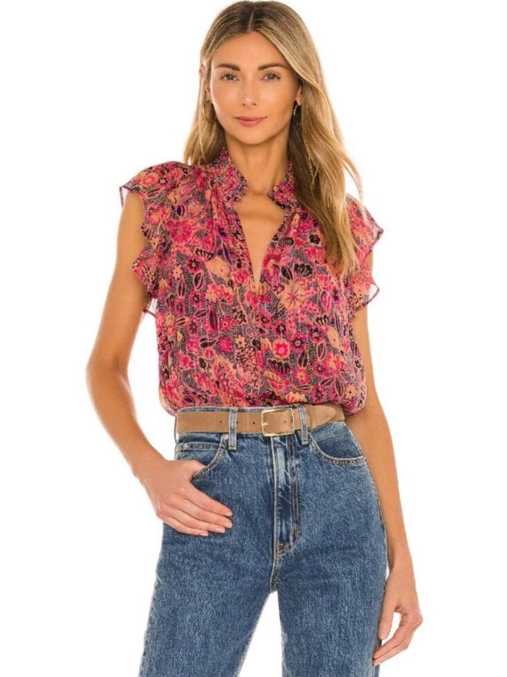 A.L.C. Hayley Floral Silk Metallic Chiffon Flutter Sleeve Top Pink Womens 0